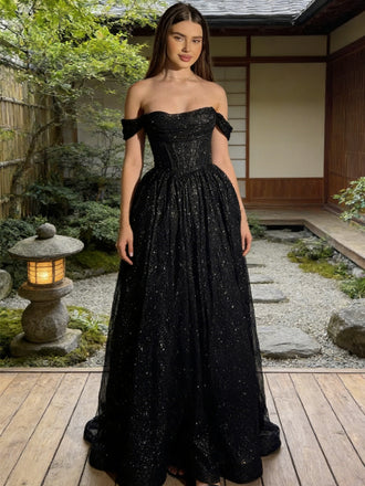 Sparkle Black Off Shoulder Long Backless Prom Dresses, DB106