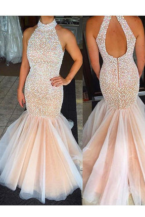 Tulle Mermaid Evening Prom Dress, Long Cheap Evening Prom Dress, Pearls Prom Dress, 2017 Prom Dress, Formal Prom Dress, 17020