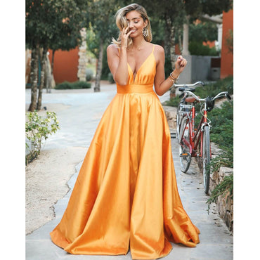 Spaghetti Straps A-line Satin Backless Simple Designed Prom Dress, FC2408