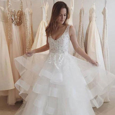 Lace A-Line Organza Wedding Dresses, V-Back Sleeveless Long Wedding Dresses, LB0459