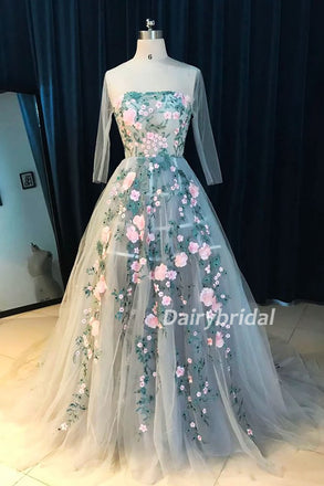 Applique Prom Dress, Round Neckline Prom Dress, Tulle Prom Dress, A-Line Prom Dress, See Through Prom Dress, Half Sleeve Prom Dress, DA916