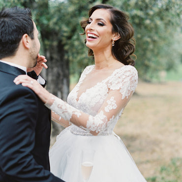 Lace Long Sleeve A-Line Wedding Dress,  Cheap Open-Back Organza Wedding Dress, D948